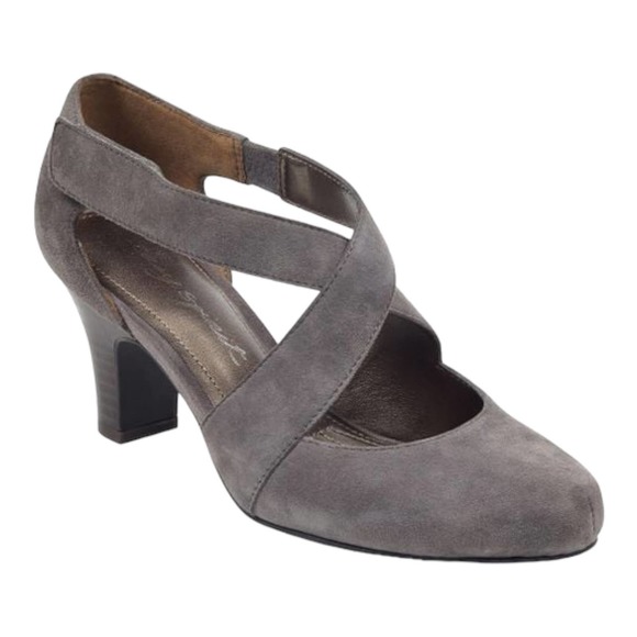 Easy Spirit Shoes - Easy Spirit Rovana Light Gray Suede Pump Stacked Heel Criss Cross Strap 6.5 Wide